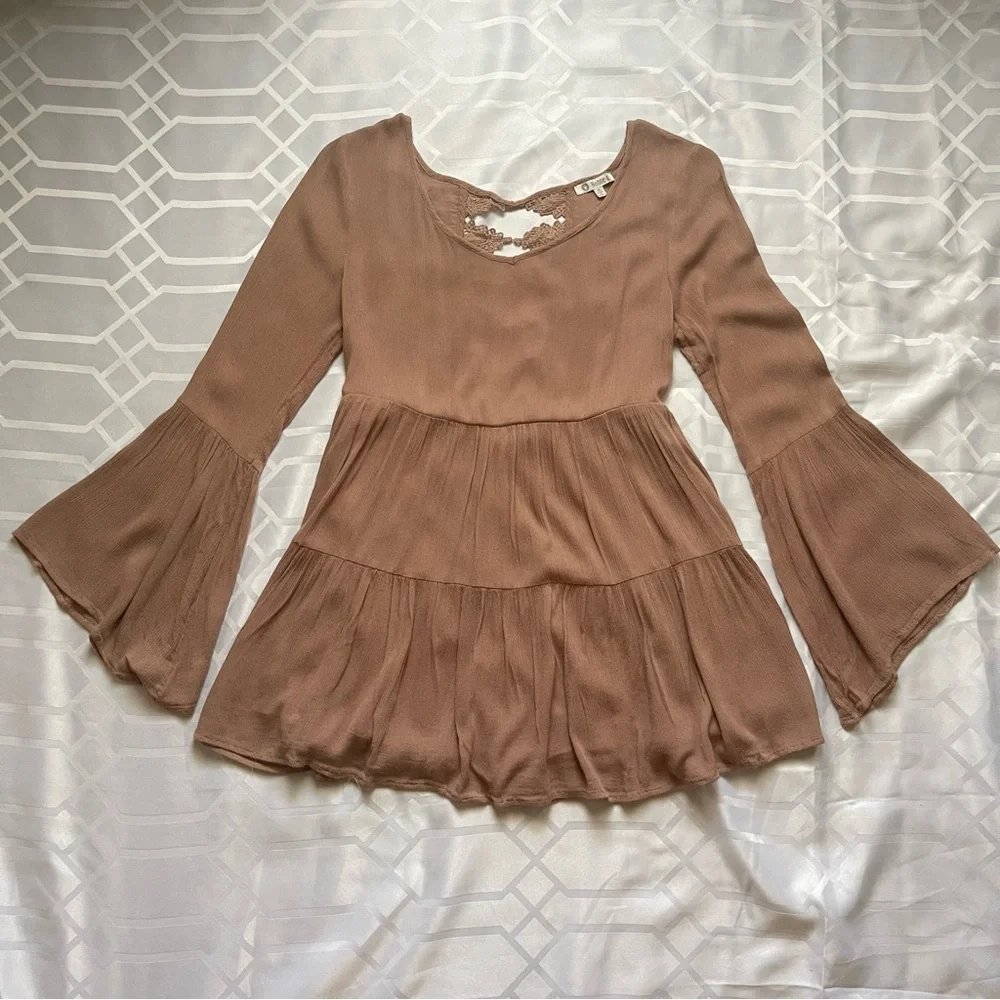 Noble U Lace Trim Bell Sleeve Peplum Top Brown Women's Small